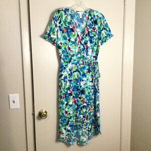 London Times Blue & Green Floral Ruffle Trim Dress